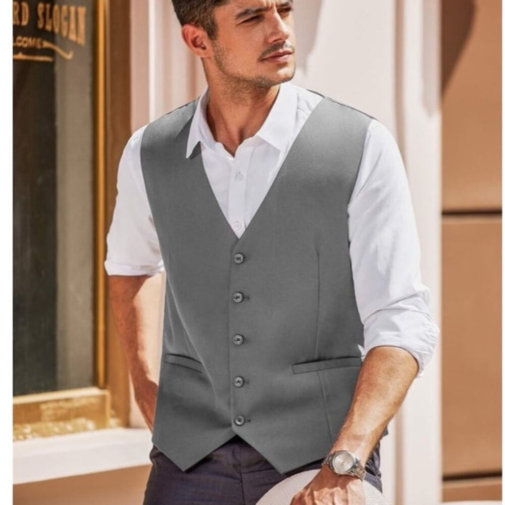 NWT ~ Men's Light Gray Business Suit Vest Casual Dress Slim Fit Formal ~ MEDIUM